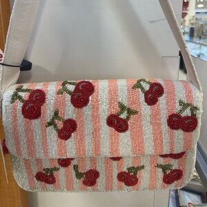 Beaded Cherry Stripe Shoulder Bag - White & Coral